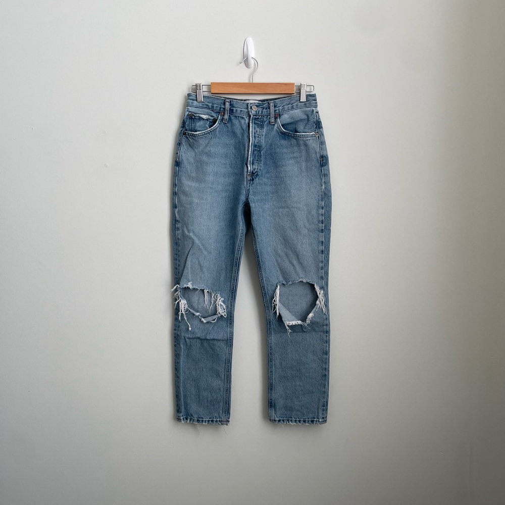 Agolde Light Blue Distressed Straight Leg Denim Jeans